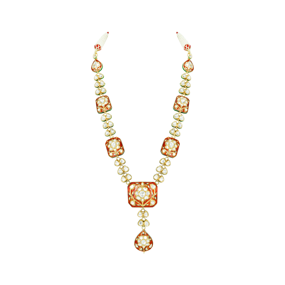 Polki Necklace with Red Enamel and Drop Pendant